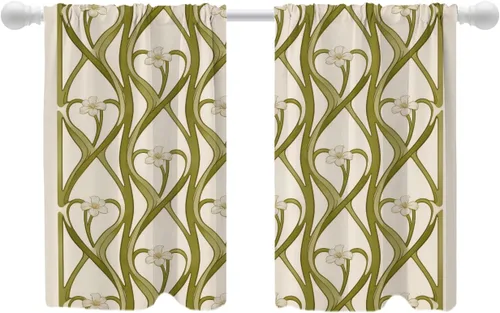 Miniatura 41 de Shrahala Art Nouveau Floral Pattern Blackout Curtain Tiers, Delicate Vine and Flower Design Kitchen Valance Light Blocking Tier Drapes with Rod