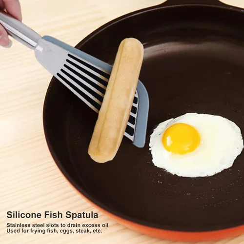 Miniatura 6 de Espátula de silicona de acero inoxidable con ranuras, espátula de cocina antiadherente para huevos, panqueques, pescados, hamburguesas (gris)