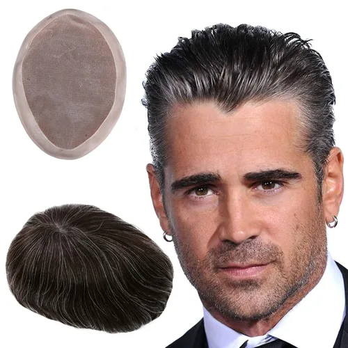 Miniatura 8 de Toupee - Sistema de reemplazo de cabello humano virgen europeo de 7 x 9 pulgadas para hombre, postizo de encaje mono con poliuretano duradero #2