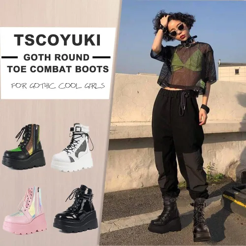 Miniatura 4 de Tscoyuki Botines de plataforma para mujer botines de tacón alto gruesos botas de combate góticas botas de combate para mujer con cordones cuñas