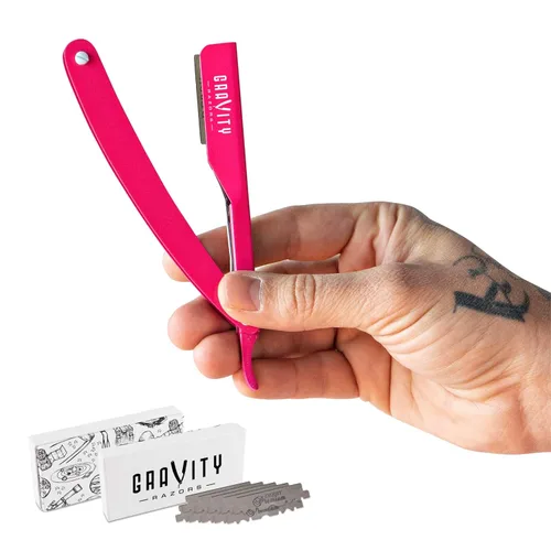 Miniatura 14 de Kit de cuchilla de afeitar recta profesional GRAVITY RAZORS – Ultra Exposición, incluye 10 cuchillas premium, 2mm expuestas, color oro y negro Dorado