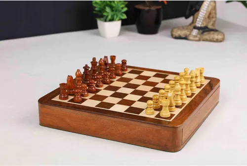 Miniatura 9 de RoyalChessMall- Juego de ajedrez magnético de viaje con cajón, 10 pulgadas, madera de palisandro dorado
