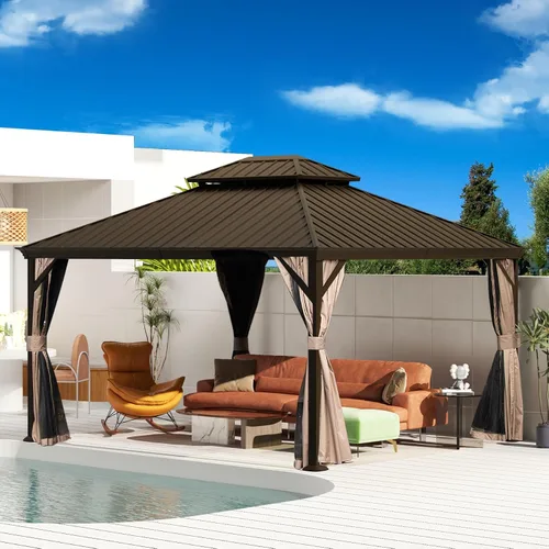 Miniatura 53 de Domi - Cenador permanente de metal con techo rígido de 8 x 8 pies, con doble techo de acero galvanizado, cortinas y malla para fiestas, bodas, Gris