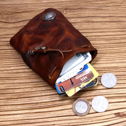 Miniatura 5 de Wugebud 1 llavero medieval de cuero, organizador de monedas, soporte para cambios, bolsa de cuero con cordón para hombres y mujeres, Marrón