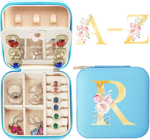 Joyero de viaje con inicial, joyero, organizador de joyas con espejo, accesorios de viaje imprescindibles de viaje para mujeres, profesores, regalos
