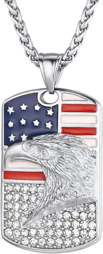 PROSTEEL Collar con etiqueta de perro de la bandera estadounidense, dije de bandera nacional de Estados Unidos, collar patriótico chapado en acero