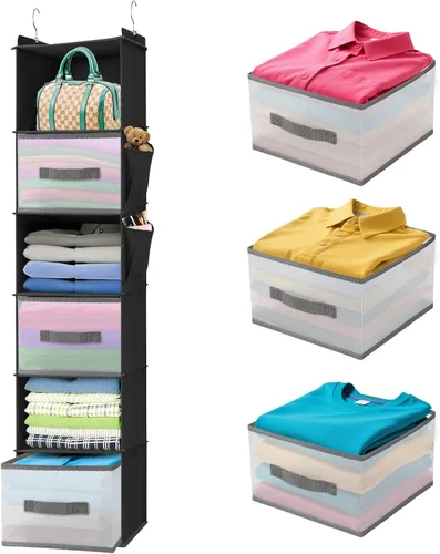 Organizador de armario colgante de 6 niveles con 3 cajones y bolsillos laterales, almacenamiento multifuncional para zapatos, cinturones, bolsos y