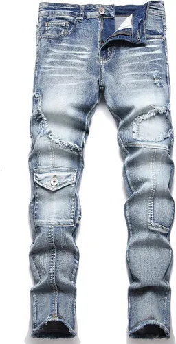 XIMXIMMTIAN Jeans rectos de motociclista para hombre, desgastados, desgastados, ajustados, rectos