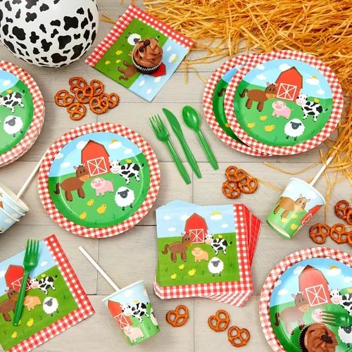 Miniatura 3 de Juvale Farm - Decoraciones para fiestas temáticas – Juego de 144 piezas, sirve 24, platos de 9 pulgadas y tazas de 9 onzas, diseño de animales a