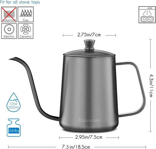 Miniatura 2 de Easyworkz Calibre cuello de cisne verter sobre la tetera de café de acero inoxidable de 12 onzas con boquilla larga y estrecha