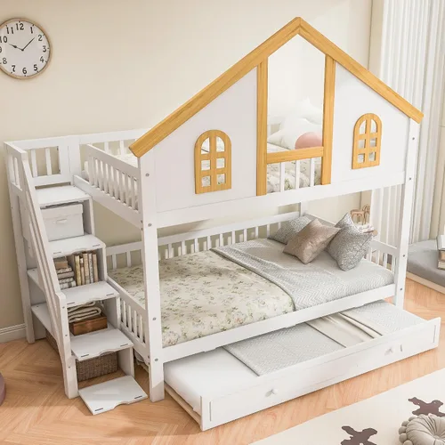 Miniatura 12 de JIVOIT Litera de madera con diseño de techo y ventanas, litera individual sobre individual con nido y escalera integrada para niños, adolescentes