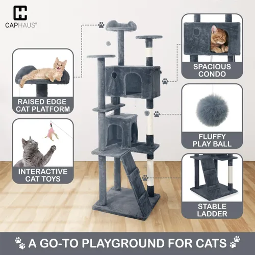 Miniatura 4 de CAPHAUS Torre para Gatos de Interior con Juguete de Varita para Gatos, Moderno y Lindo Árbol para Gatos de 74 Pulgadas con Percha Ampliada para Gris