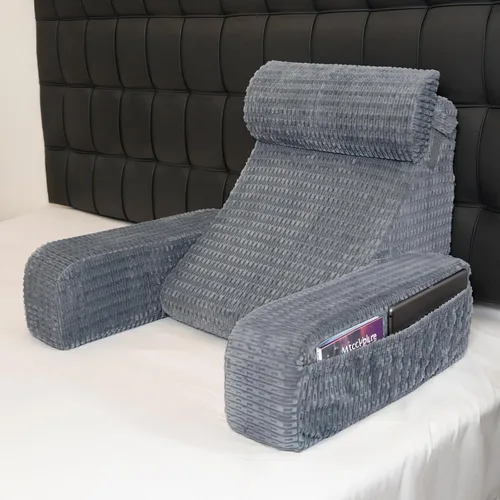 Almohada de lectura para cama, almohada de espalda de 19 pulgadas para sentarse en cama, bolsillos grandes y brazos integrados, cojín de respaldo,