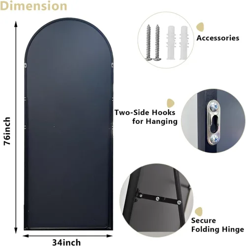 Miniatura 5 de Easly Espejo de Cuerpo Completo de Gran Tamaño, 76" x 34" Espejo Arqueado de Cuerpo Completo, Marco de Metal Negro, Espejo de Piso para Dormitorio