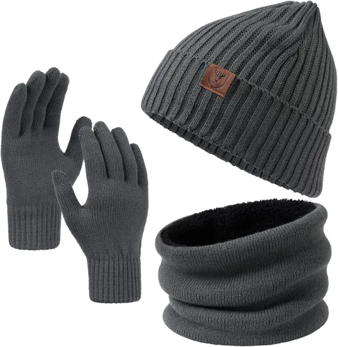 Miniatura 24 de OZERO Juego de 3 piezas de gorro de invierno y bufanda para mujeres y hombres: guantes para pantalla táctil, gorro de punto, calentador de cuello