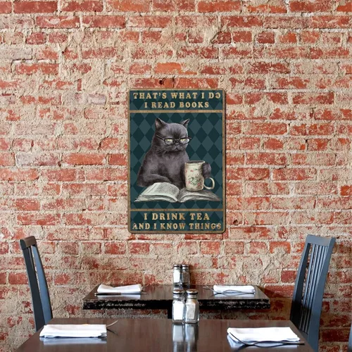 Miniatura 5 de Cartel de metal de aluminio con texto en inglés "Cat Kitty-I Read Books And Drink Tea", regalo para amantes de los gatos, para baño, jardín