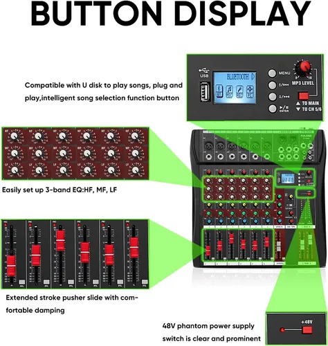 Miniatura 7 de FULUODE - Consola de Mezcla de Audio de 6 Canales, Mezclador de Música Profesional CT-60S, Tablero de Mezcla DJ con Reverb, Reproductor Bluetooth