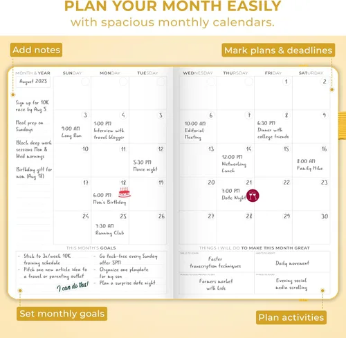 Miniatura 7 de Agenda Clever Fox semanal y mensual sin fecha con divisiones de tiempo, libro de citas y organizador diario, A5 (Amarillo)