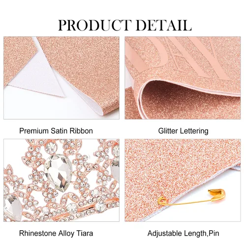 Miniatura 7 de Didder Kit de corona de diamantes de imitación y banda con purpurina, tiara y banda de cumpleaños de oro rosa para mujeres y niñas, accesorios
