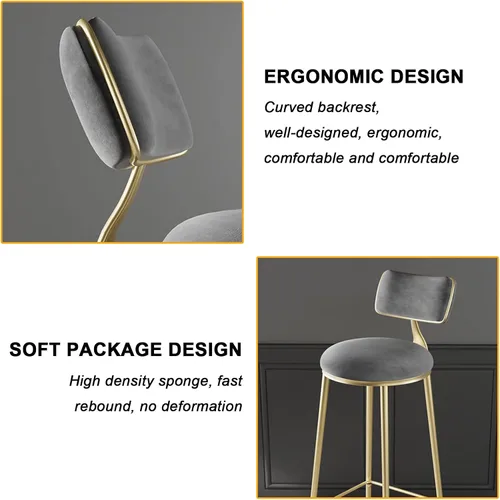 Miniatura 5 de Taburetes de bar de terciopelo modernos con respaldo y patas de metal dorado, cómodas sillas de bar altas tapizadas para cocina, isla de desayuno