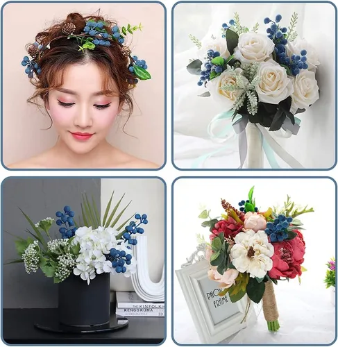 Miniatura 4 de Bayas artificiales, 4 piezas de arándanos artificiales con tallos de Navidad, frutas realistas, arándanos falsos, flores de simulación para el día