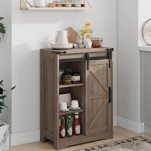 Miniatura 3 de Halitaa Armario de almacenamiento para baño de granja, armario de piso con 4 cajones, armario de baño con puerta corredera, organizador de Gris