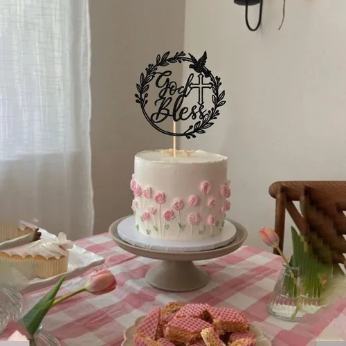 Miniatura 4 de 1 pieza de decoración de pastel Dios bendiga con cruz de paloma y purpurina, para bautizo, primera comunión, celebración religiosa, baby shower