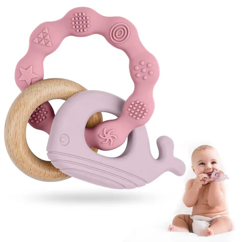 Miniatura 9 de Vicloon Juguetes mordedores para bebés, anillo de silicona y madera natural, juguetes de dentición para bebés de más de 3 meses, anillos masticables