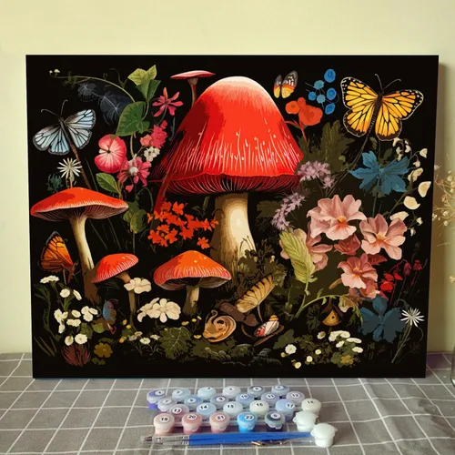 Miniatura 2 de Kits de pintura de bosque de hongos para adultos, pintura natural por números para adultos sobre lienzo, flores, pintura al óleo, arte acrílico