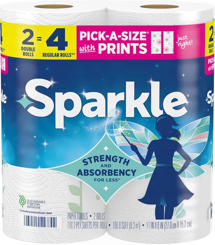 Sparkle Pick-A-Size - Toallas de papel, estampados espirituosos, 2 rollos dobles, toallas fuertes de 2 capas para limpieza de cocina y desorden