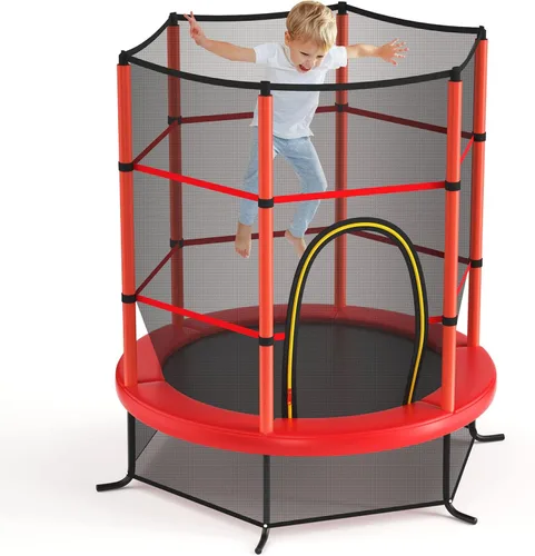 GYMAX Trampolín de 55 pulgadas para niños, trampolín aprobado por ASTM con red de seguridad completa y cremallera lateral doble, mini trampolín de
