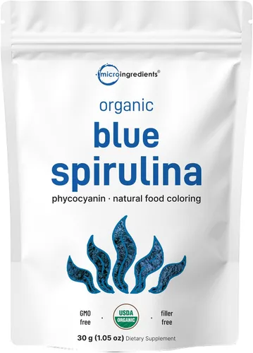 Polvo de espirulina azul orgánica (extracto de ficocianina), 30 porciones, sin olor a pescado, proteína 100% vegana de algas azul-verdes, colorante