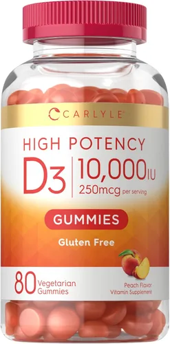 Carlyle Gomitas de vitamina D3 10000iu para adultos | 80 unidades | Gomitas con sabor a melocotón | Alta potencia para mujeres y hombres |