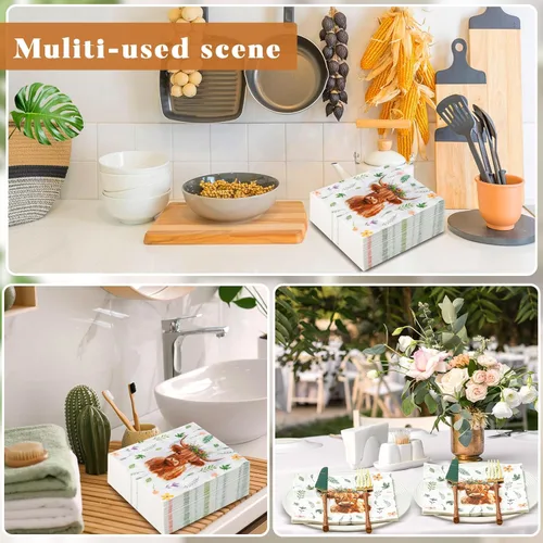 Miniatura 6 de Cholemy 100 servilletas de papel de vaca de las tierras altas de 2 capas de acuarela desechables de acuarela rústica occidental con estampado