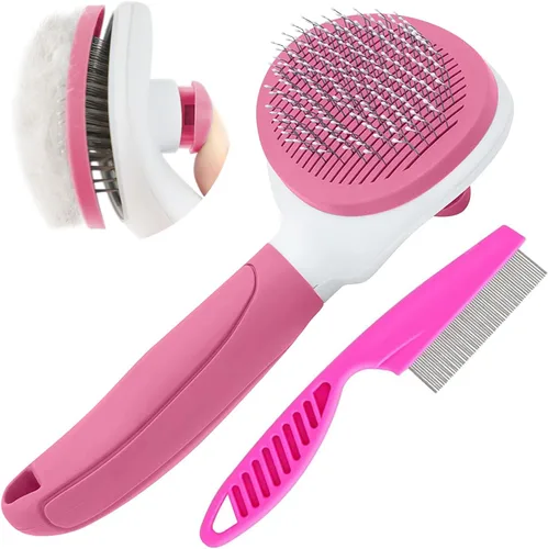Miniatura 10 de Cepillos para gatos de interior, cepillo para perros para muda de pelo con peine metálico para gatos, cepillo autolimpiante para pelo de mascotas