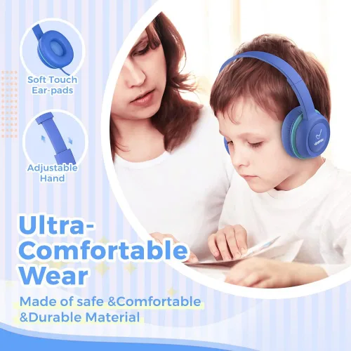 Miniatura 5 de vinamass Auriculares para niños, auriculares con cable para niños con limitador de volumen seguro, auriculares para niños con cable de 0.138 in azul