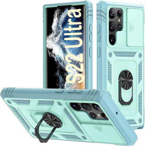 Miniatura 111 de PASNEW Funda para Samsung Galaxy S22 Ultra 5G, cubierta de cámara deslizante y soporte de dedo de metal giratorio de 360°, militar, resistente, a