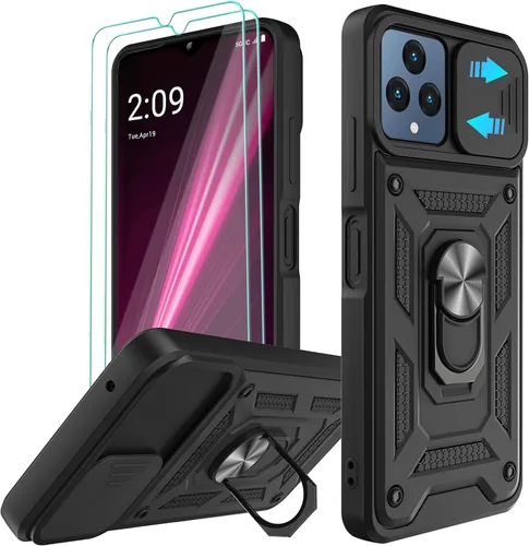 Funda para REVVL 6 5G, Revvl 6X 5G con cubierta deslizante para cámara y 2 protectores de pantalla HD, soporte de anillo de rotación de 360° [grado