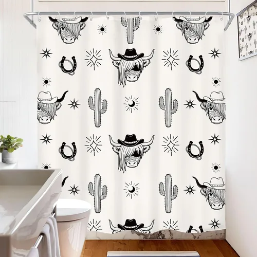 Miniatura 4 de Western Highland Cow Shower Curtain 60Wx72H Inches Farmhouse Southwest Cowboy Cattle Sun and Moon Rustic Cute Animal Beige Cactus Retro Fabric