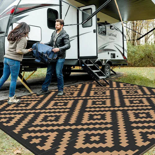 Miniatura 38 de GENIMO Alfombra de exterior impermeable de 5 x 8 pies, alfombras reversibles, alfombra de área, alfombra de plástico para exteriores, alfombra Negro