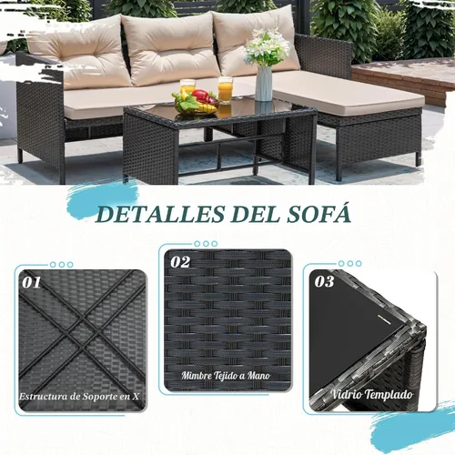 Miniatura 7 de Greesum - Juego de muebles de patio de 3 piezas, sofá seccional de ratán y mimbre para exteriores con cojines y mesa de centro para jardín, terraza