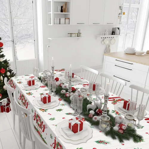 Miniatura 6 de 6 manteles de plástico de Navidad, manteles rectangulares desechables con guirnalda de acebos, manteles de Pascua de alegría al mundo y bayas