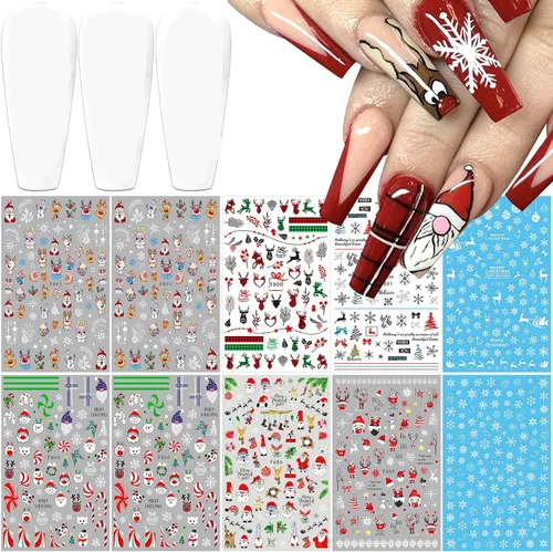 Miniatura 9 de 6 hojas de calcomanías de uñas de copo de nieve plateado con purpurina 3D, autoadhesivas, diseño de uñas de invierno, diseño de uñas de reno, copos