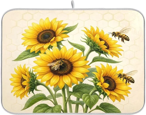 Miniatura 12 de Tapete de secado de platos, girasoles en madera, tapete de secado reversible absorbente de flores, tapete de secado de platos, tapete para secar