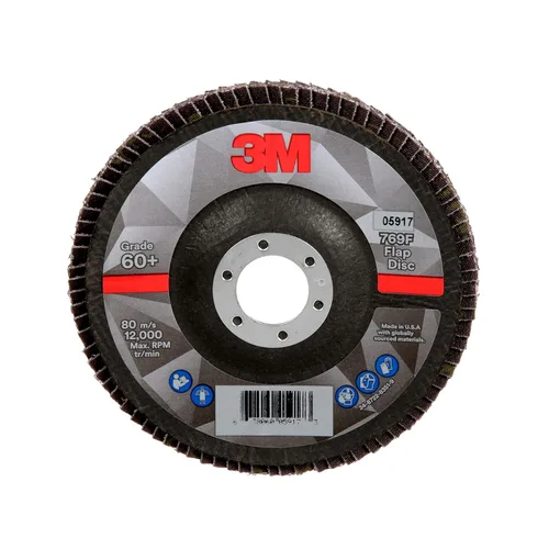 Miniatura 43 de 3M Disco de Solapa 769F, Tipo 27, 80+, 4-1/2 in x 7/8 in, Abrasivo de Alto Rendimiento, Disco de Rectificado y Acabado de Grano Cerámico