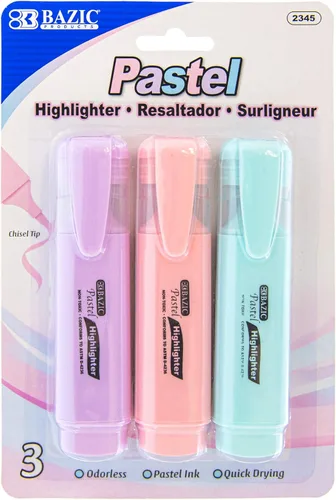 BAZIC PRODUCTS Resaltadores pastel surtidos, barril corto, clip de bolsillo, punta de cincel, 3 unidades, tinta pastel de secado rápido