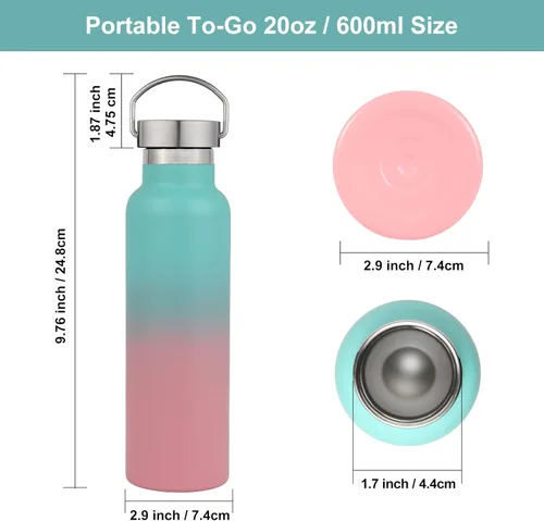 Miniatura 5 de Neihepal Paquete de 4 botellas de agua aisladas de 20 onzas, botella deportiva de doble pared de acero inoxidable con tapa de asa, termo Bubble gum