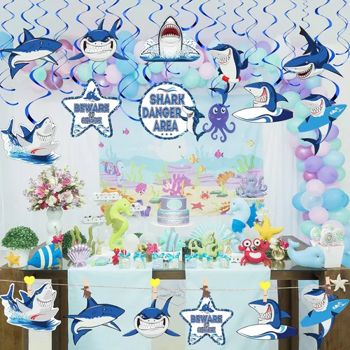 Miniatura 7 de Censen 30 piezas de remolinos colgantes de tiburón, suministros de fiesta de tiburón, remolinos de papel de aluminio de océano y mar, decoración