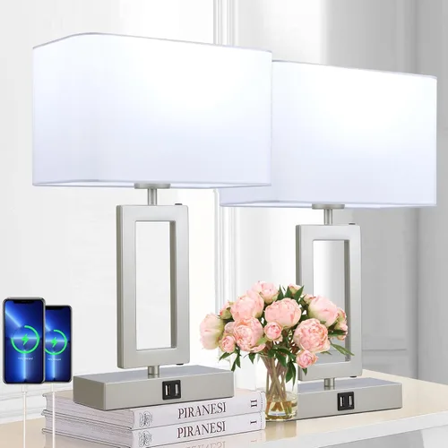 BrightWe Juego de 2 lámparas de mesa para dormitorio, lámparas de mesa de control táctil con 2 puertos USB, lámparas de mesita de noche regulables