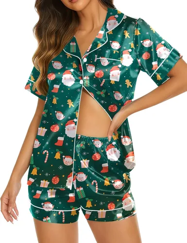 Miniatura 15 de Ekouaer Pijamas de seda para mujer, ropa de dormir de manga corta, suave, con botones, ropa de descanso, 2 piezas, pijama de satén, conjunto